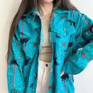 Vtg Wrangler Aztec Teepee Arrowhead Blue Rodeo Shirt